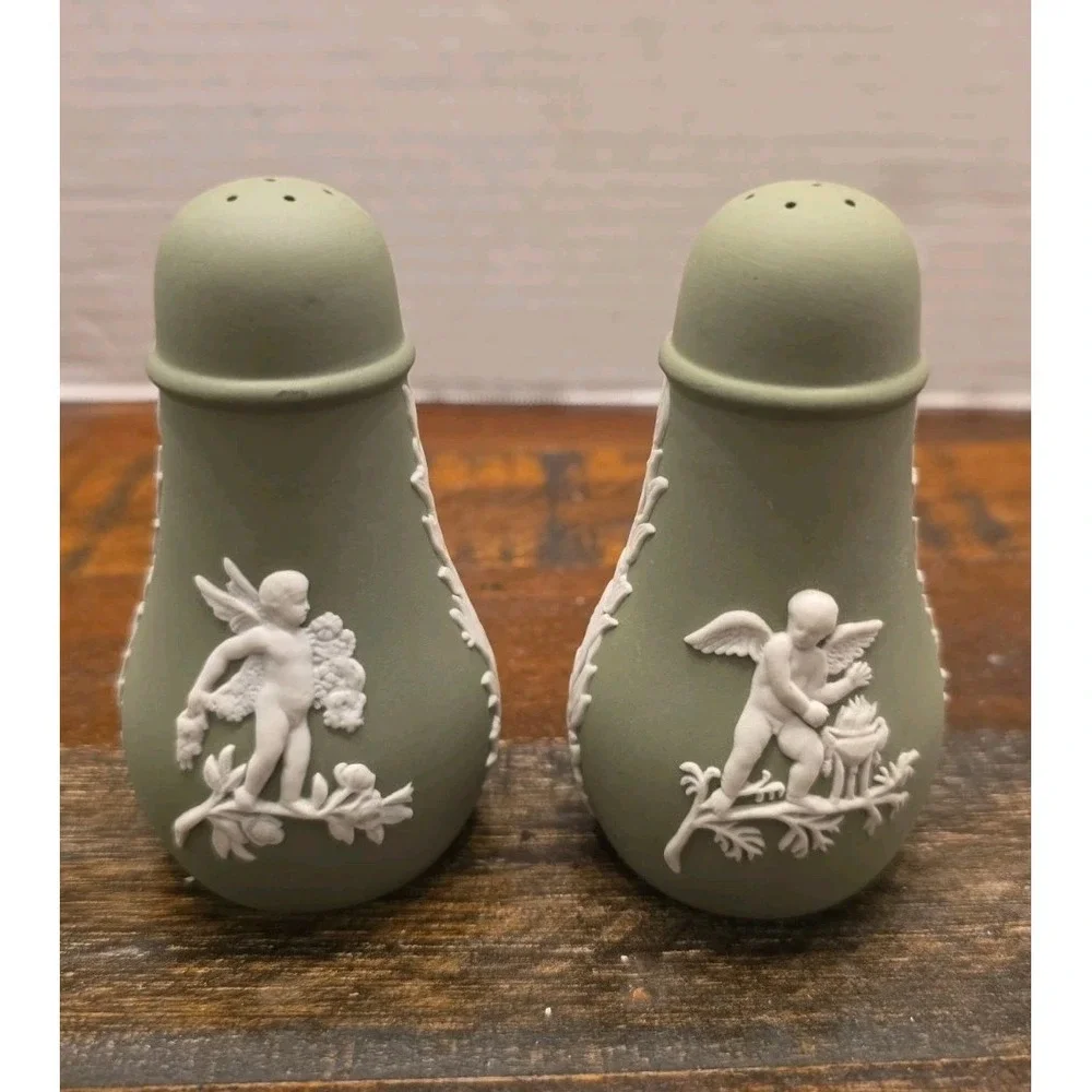 Vintage Wedgwood Jasperware Sage Green Salt & Pepper Shaker Set Cherub England